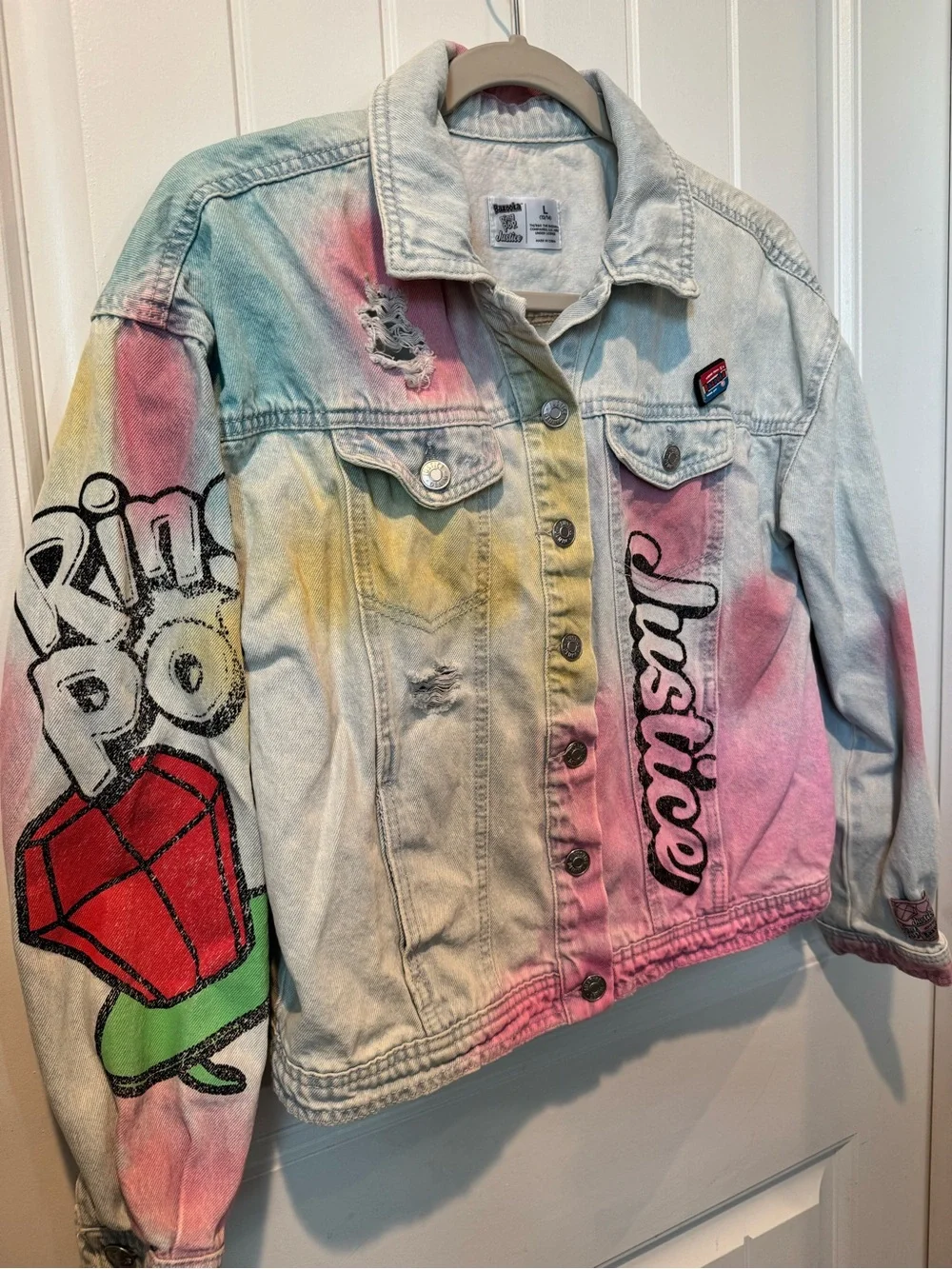 Justice Pastel Tie-Dye Denim Jacket with Ring Pop Sleeve Art